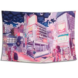 NAVNAWM Japanese Anime Cityscape Tapestry, Wall Hanging Art, Blue Pink, 39 x 59 Inches, Bedroom Decor