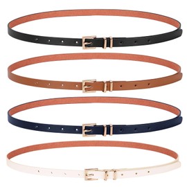 JASGOOD 4 Pack Women Skinny PU Leather Belts Solid Color Leopard Fashion Thin Waist Belts with Gold Buckle for Jeans Pants(G-Black+Dark Brown+Dark Blue+Light Beige,Fit waist size 26"-30")