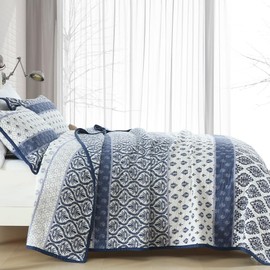 BCOTTOND Floral Quilt Set Queen 100% Cotton Blue Navy Quilt Bedding Set for Queen Bed Farmhouse Bedspread Queen Size Soft Reversible Lightweight Comforter Set All Seasons 3 Pieces