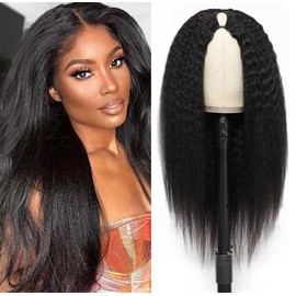 V Part Wig Human Hair Kinky Straight Human Hair Wigs for Black Women 150% Density Yaki V Part Wig Human Hair Upgrade U Part Glueless Full Head Clip In Half Wig V Shape Wigs Yaki Straight Human Hair Wig 24 inch