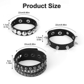 HJZHII 3PCS Leather Punk Rock Bracelets, Retro 80s Spiked Leather Cuff Bracelet Adjustable Steampunk Wristband Studded Wide Wristband for Men Women Party Accessories