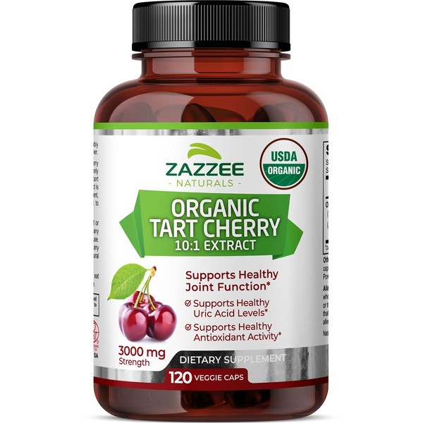 Zazzee USDA Organic Tart Cherry 10:1 Extract, 3000 mg Strength, 120 Vegan Capsules, 4 Month Supply, Standardized, Concentrated 10X Extract, 100% Vegetarian, Certified Organic, All-Natural and Non-GMO