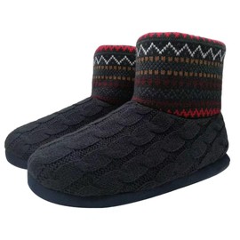 KuaiLu Knit Wool Warm Men Indoor Pull On Cosy Memory Foam Slipper Boots/Booties TPR Rubber Sole Non-Slip,Black Red,11 UK (12 US)