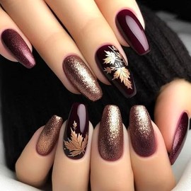 Medium Press on Nails Coffin Burgundy Fake Nails Fall Nails Press ons with Gold Glitter Maple Leaves Design Glossy Glue on Nails Coffin False Nails Medium Stick on Nails for Women 24Pcs