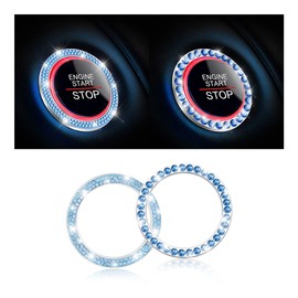 Car Bling Crystal Rhinestone Engine Start Ring Stickers, 1 Single Drainage Drill and 1 Double Drainage Drill Car Start Button Cover, Key Ignition Knob Bling Ring Decals, Bling Car Accessories(Blue)