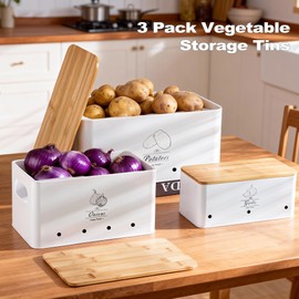 Tenforie Metal Potato Onion and Garlic Storage Tin Set of 3, White Kitchen Vegetable Canisters with Bamboo Lid and Aerating Holes, Stackable Kitchen Keeper Storage for Countertop Pantry
