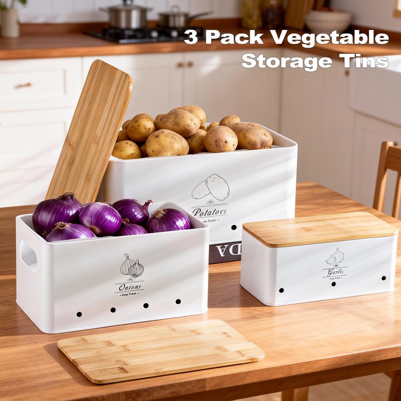 Tenforie Metal Potato Onion and Garlic Storage Tin Set of