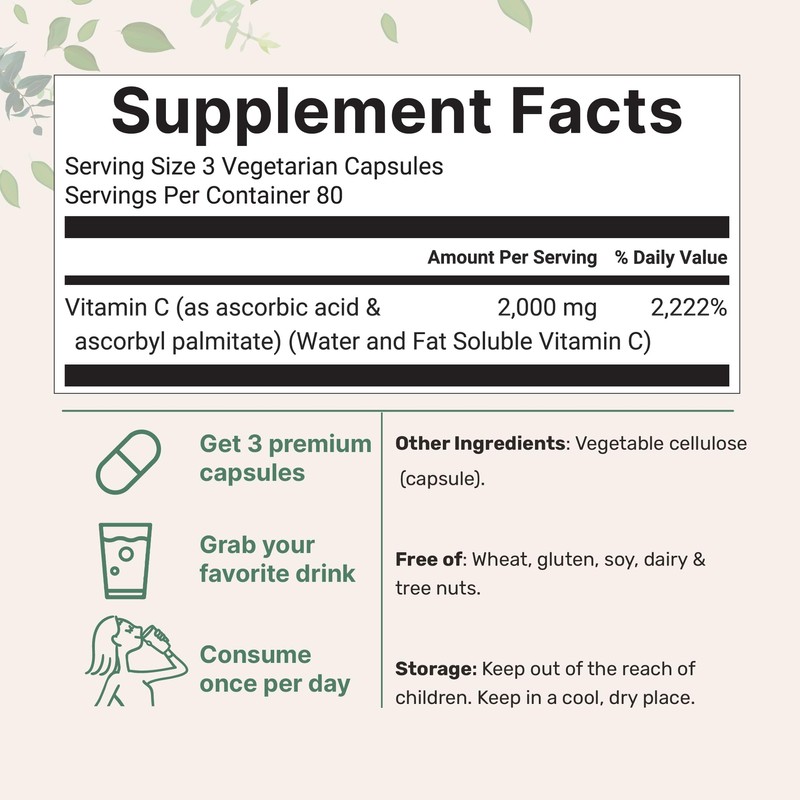 Pure Vitamin C 2,000mg, 240 Veggie Capsules | Highly Bioavailable