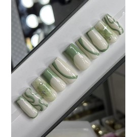 Handmade ✨ CUSTOM Hard Gel Press On Nails, OLIVE GREEN Nude Star  W BLING  10p SET W Kit