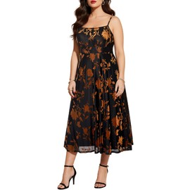 Talisea Plus Size Wedding Guest Cocktail Party Women's Summer Dress Brown Floral Velvet Sleeveless Spaghetti Strap Midi Dress