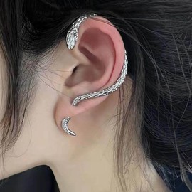 Cubahop 1 Pair Punk Vintage Snake Ear Cuffs Piercing Ear Cuff Earrings Climber Ear Wrap Gothic Exaggerated Earring for Women and Girls (Silver)