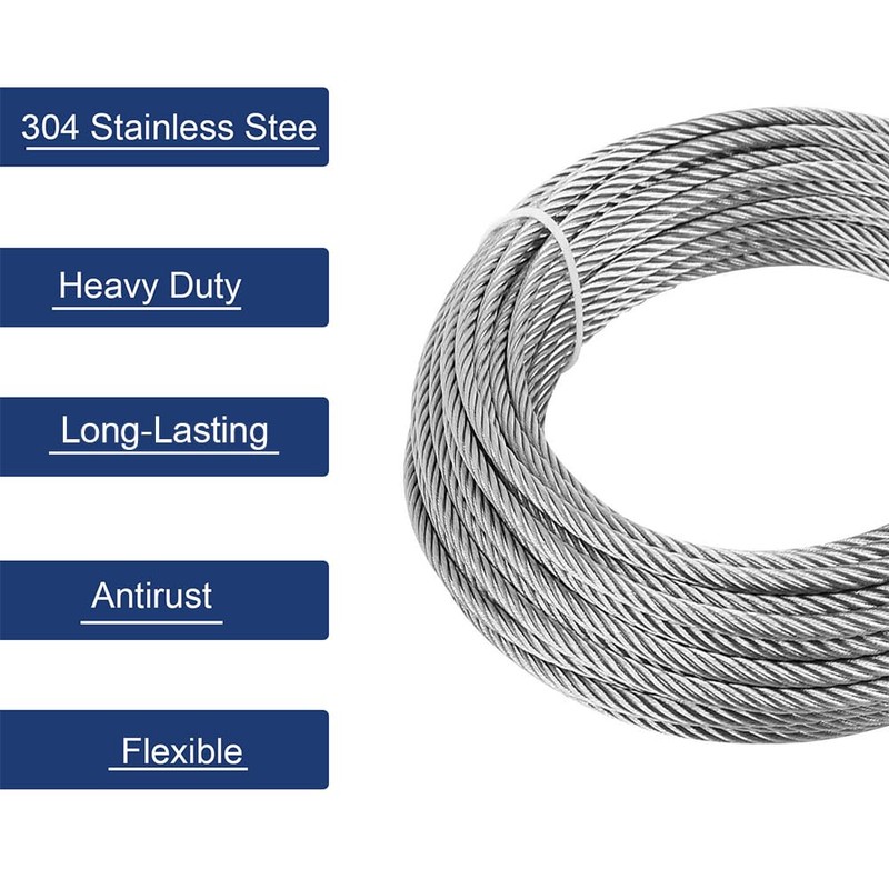 hannger 3/16 Stainless Steel Cable, 100ft Wire Rope, 7X 19