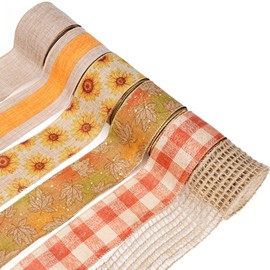 LaRibbons Fall Burlap Plaid Ribbon Wired 2 1/2" x 6 Yards 6 Rolls, Sunflower Maple Leaf Ribbon for Autumn Wreath Thanksgiving Christmas Farm Gift Wrapping Home Decor