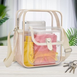 SPODEARS Clear Bag for Stadium Events, Concert Crossbody Messenger Bag, Clear Tote Bag with Bottle Holder for Women and Men (Beige, Medium)