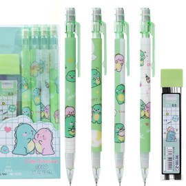 SHIDESHIN 4PCS Cute Cartoon Dinosaur Mechanical Pencils Set with Tubes 0.5 mm Pencil Refills Back to School Gift for Kids Girls Boys Student (Green)