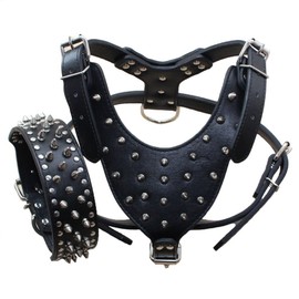 Haoyueer Leather Spiked Studded Medium & Large Dog Collars, Harnesses 2Pcs Matching Set for Pit Bull,Mastiff, Boxer, Bull Terrier
