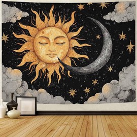 FENDROM Black Tapestry Boho Sun and Moon Psychedelic Tapestry Hippie Clounds Starry Night Vintage Aesthetic Tapestries Wall Hanging for Bedroom Living Room Dorm