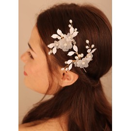 Deniferymakeup Flower Bridal Hair Pins Pearl Bride Wedding Hair Accessories Gold Leaf Hair Piece for Women and Girls
