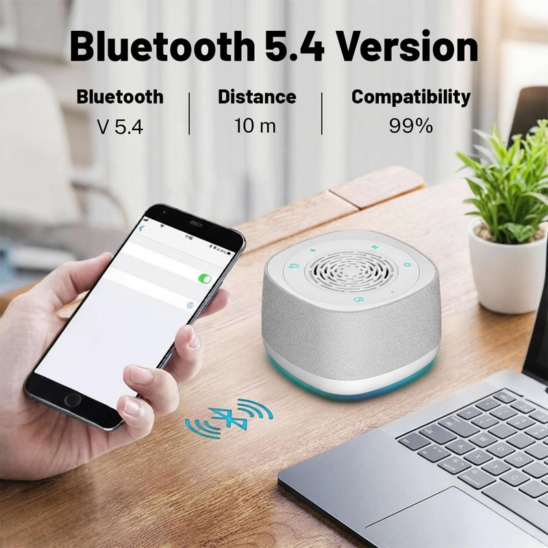 Sound Machine & Clock with Bluetooth 5.4, 14 Soothing White