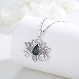 Midir&Etain Lotus Necklace for Women 925 Sterling Silver Moss Agate Flower Pendant Necklaces Jewellery Inspirational Birthday Gifts for Girls Lovers Friend