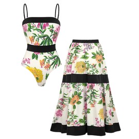 FLAXMAKER Sequin Embroidered Bird One Shoulder Printed One Piece Swimsuit and Skirt (US, Alpha, Medium, Regular, Regular, Swimsuit Bow Tie and Falda)