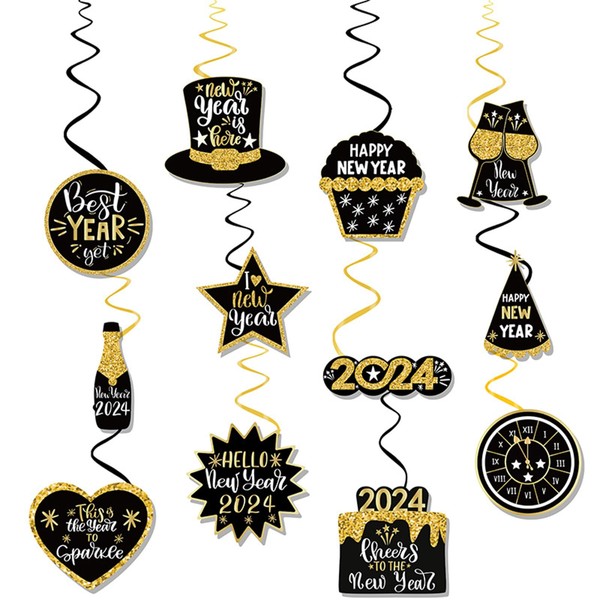 New Year Eve Decorations 2024 Hanging Swirls,Happy New Year 2024 Decorations New Year's Decorations Black Gold Hanging Swirls Streamers for 2024 New Year's Eve Party Decorations Supplies