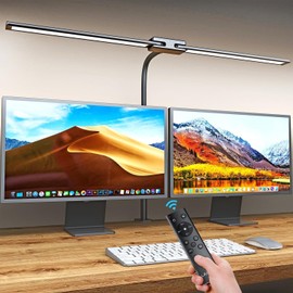 LASTAR Desk Lamp with Remote Control ＆ 32.5" Wide Double Head, Architect Desk Lamp for Home Office with Clamp, Timer, 24W Ultra Bright Gooseneck LED Desk lamp for Computer Reading