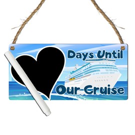 Days Until Our Cruise Countdown Sign - Fun & Stylish MDF Wooden Plaque with Heart Chalkboard for Holiday Vacation Countdown - Ready to Hang with Rustic Rope (Blue, With Pen)