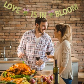 KUNGOON Love is in Bloom with Hearts Banner,Gold Glitter Flower Theme Bridal Shower Engagement Wedding Party Bunting Decorations Supplies.