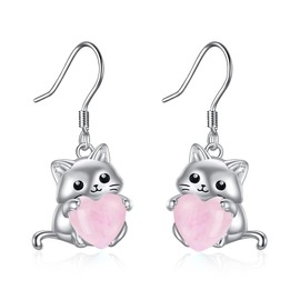 HOPEEZZ Cat Rose Quartz Earrings for Women Sterling Silver Cute Cat Stud Earrings Jewelry Gifts