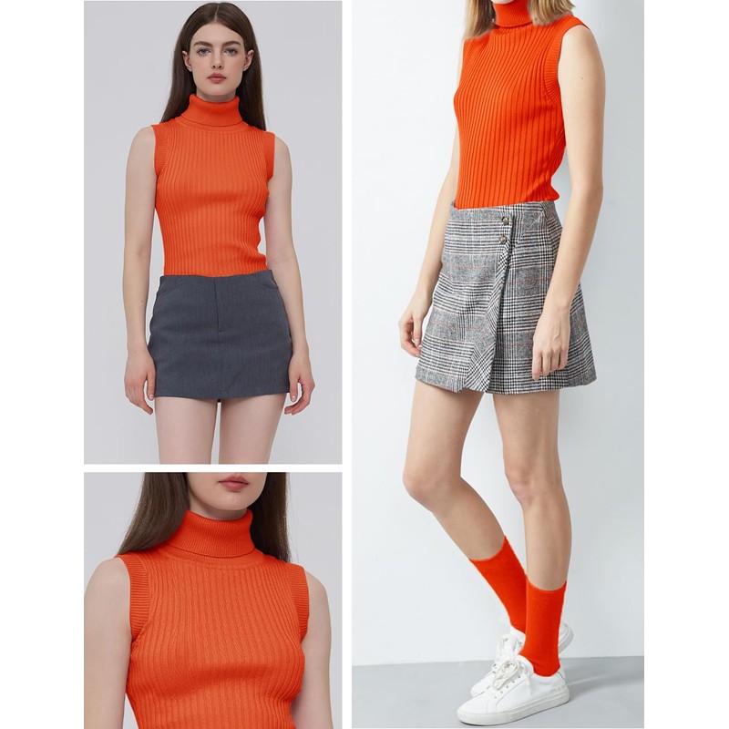 v28 Women Sleeveless High Neck Turtleneck Stretchable Knit Sweater Top,