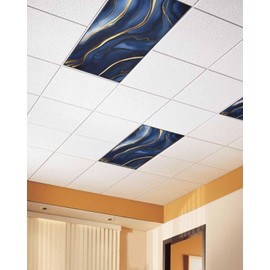 Magnetic Light Cover for Classroom Drop Ceiling,2 Pack 4x2 Ft Abstract Dark Blue Fluid Gold Line Art Texture Fluorescent Light Covers for Office Home Ceiling Light Lampshade