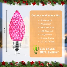 C7 Pink Christmas LED Replacement Light Bulb, C7 Shatterproof Replacement Bulbs for Outdoor Indoor String Lights, E12 Candelabra Base Pink Christmas Bulb for Xmas Holiday House Lighting Decoration