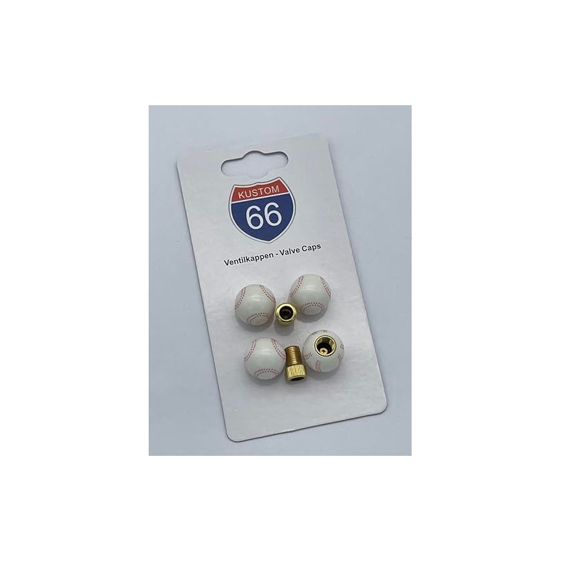 Set of 4 Valve Caps + 2 Bicycle Adapters Baseball