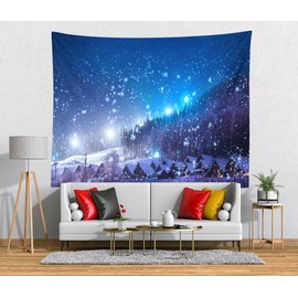 Loccor Winter Village Tapestry 80‘’x60'' Rustic Christmas Village Blue Night Starry Sky Snowfall Snowflakes Tapestry Winter Wonderland Christmas Wall Tapestry for Home Bedroom Living Room Decor