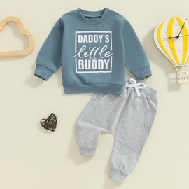 Toddler Infant Baby Boy Fall Winter Outfit Clothes 2Pcs Long Sleeve Sweatshirt Pullover Tops Jumper + Solid Color Elasticated Waist Pants With Pockets Trouser Tracksuit Set (Gray Blue, 12-18 Months)