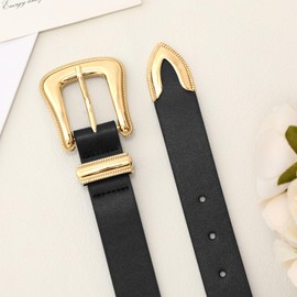 XZQTIVE Women's Leather Belt for Jeans Pants Dresses Fashion Ladies Western Leather Belt Gold Buckle, Black
