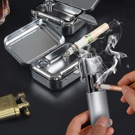 Pocket Ashtray, Odour-Proof Travel with Hook, Mini Pocket Ashtray Odour-Proof for Smokers, Portable Travel Ashtray for On the Go, Heat-Resistant Mobile 2 Pack (Silver + Silver)