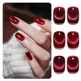 GAOY Jelly Red Glitter Cat Eye Gel Nail Polish Set with Magnet 6 Types of Holographic Cat Eye, Salon Gel Manicure and Nail Art DIY at Home