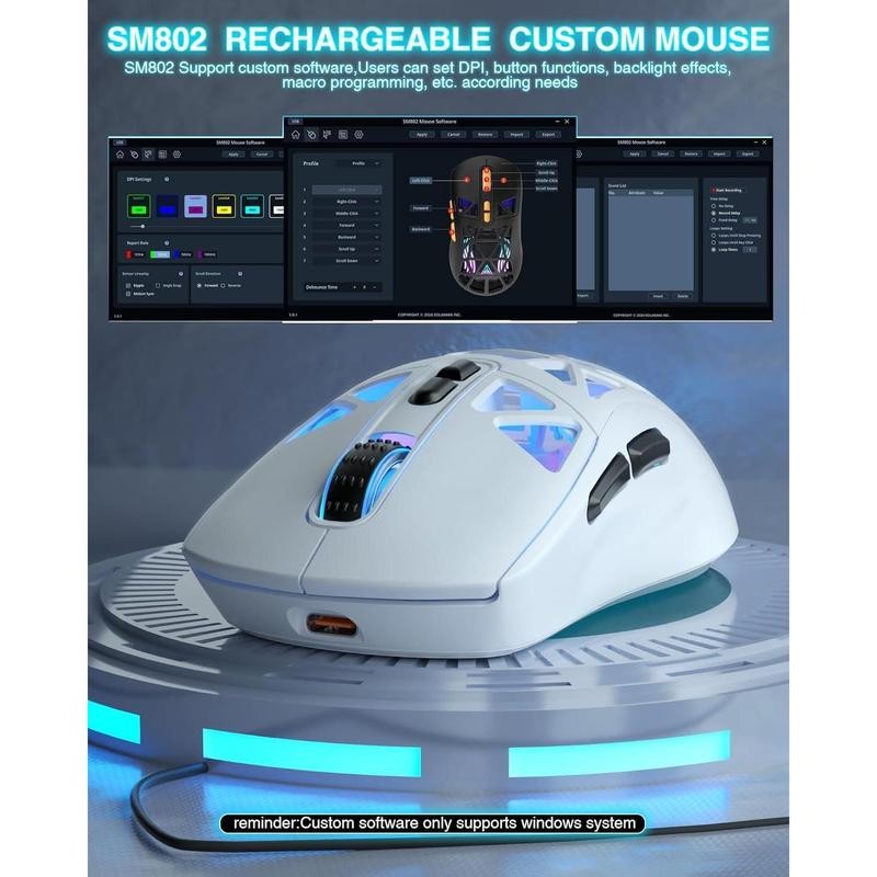 SM802 White Wireless Gaming Mouse 10000 DPI Tri-Mode Wired/BT 5.0/2.4GHz