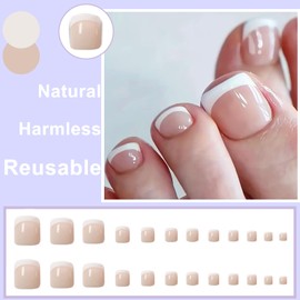 Ceboic 24Pcs Press on Toe Nails Short, French White Tips Square False Toenails, Natural Acrylic Full Cover Toe Nail Tips Beach Stick on Toe Nails, 12 Sizes Nude Pink Reusable Fake Toenails for Women
