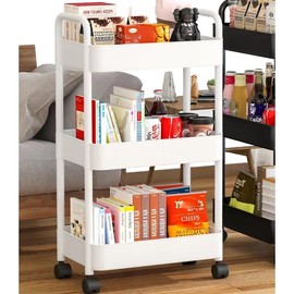 3-Tier Plastic Rolling Utility Cart Storage Cart Organizer with Wheels Small Laundry Room Cart for Dorm Organization Bathroom Kitchen Office (White)