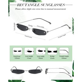 4 Pairs Women Thin Vintage Sunglasses Rectangle Sunglasses Small Skinny Glasses Retro Designer Style Rimless Sunglasses with Metal Frame Narrow Vintage Eyewear for Men Women