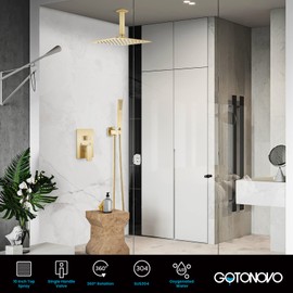 gotonovo Bathroom Rain Shower Combo Set Ceiling Mount with Handheld Spray High Pressure Luxury Shower Mixer Faucet with Rough-in Valve Shower Trim 2 Function 10 inch Shower Head Brushed Gold