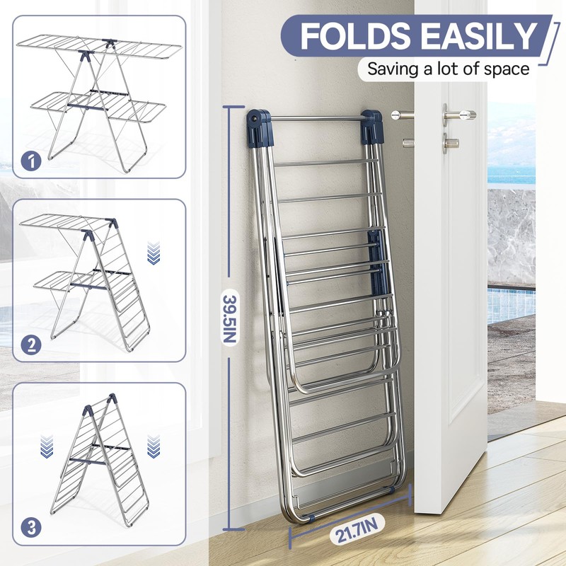 APEXCHASER Clothes Drying Rack with 4 Wings, Stainless Steel Drying