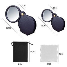 Pack of 2 10x Magnifier, 2 x Cleaning Cloth and 2 x Storage Bag, Foldable Leather Magnifying Glass with Protective Case, Suitable for Reading Books, Newspapers