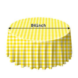 SietDESEO 2 Pack Yellow Gingham Tablecloth Round 84 x 84 Yellow and White Checkered Table Cloth Disposable Plastic Table Cover for Party Outdoor Picnic Wedding Yellow Plastic Tablecloth