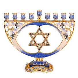 Hanukkah Menorah - Fits All Standard Chanukah Candles - Modern Jeweled Candle Menorahs for Chanukah - Blue Traditional Star - Ner Mitzvah