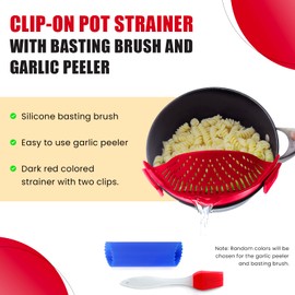 Clip On Kitchen Food Strainer for Spaghetti, Meat, Pasta, & Ground Beef Grease, Colander & Sieve Snaps or Clips Onto Bowls, Pots & Pans Includes Silicone Drainer, Brush & Garlic Peeler (Dk Red)