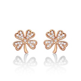 Diamond Treats Rose Gold Lucky 4 Leaf Clover Earrings in 18K Rose Gold Plated 925 Sterling Silver with White Cubic Zirconia Stones, Rose Gold Clover Stud Earrings for Women and Teen Girls